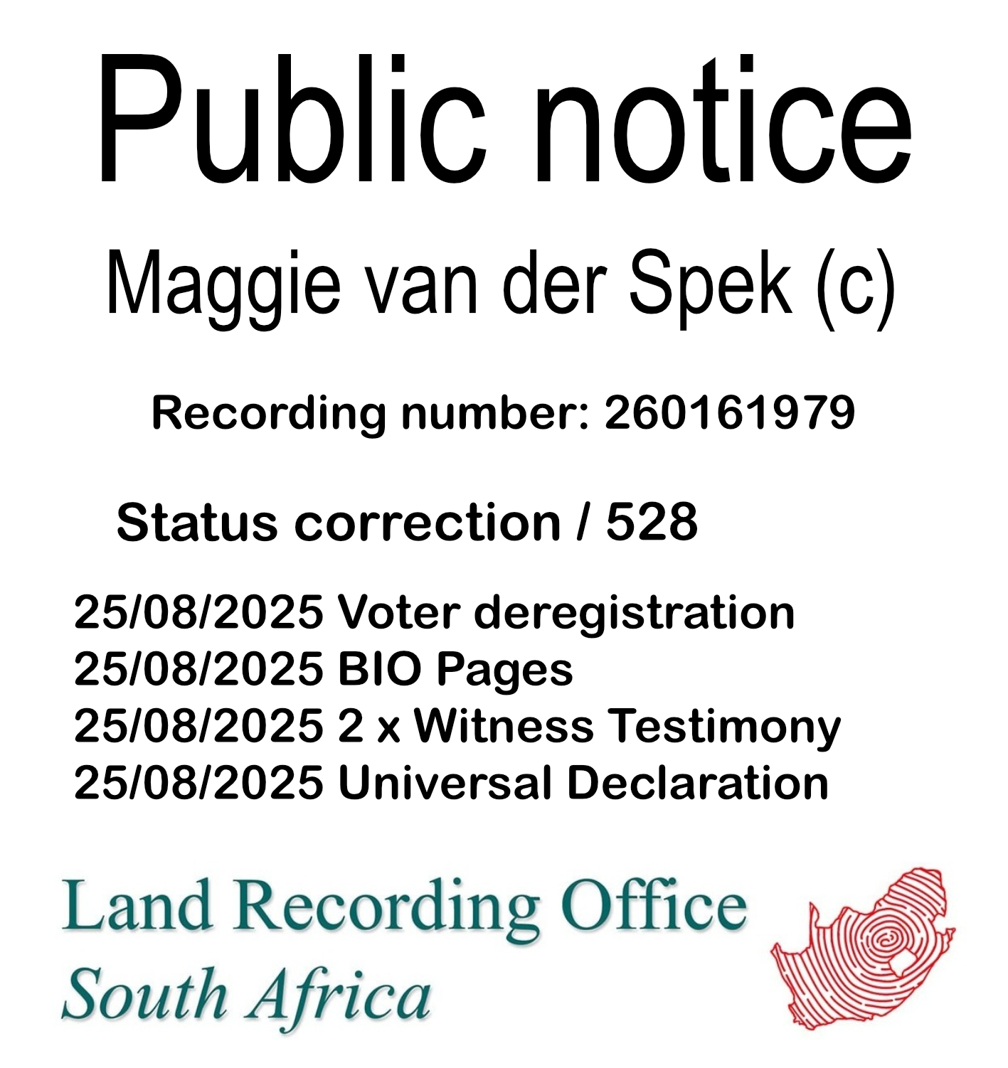 Public notice Maggie van der Spek (c) Recording number 260161979